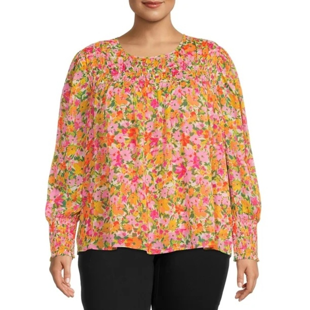Pink and Yellow Smocked Puff Sleeve Blouse D